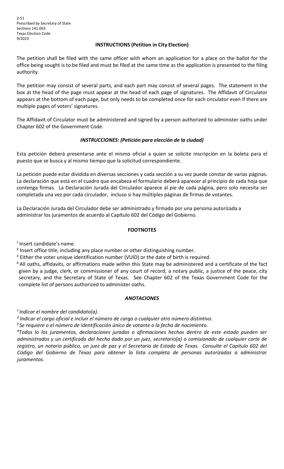Form 2-51 Petition for Place on the City General Election Ballot - Texas (English / Spanish), Page 2