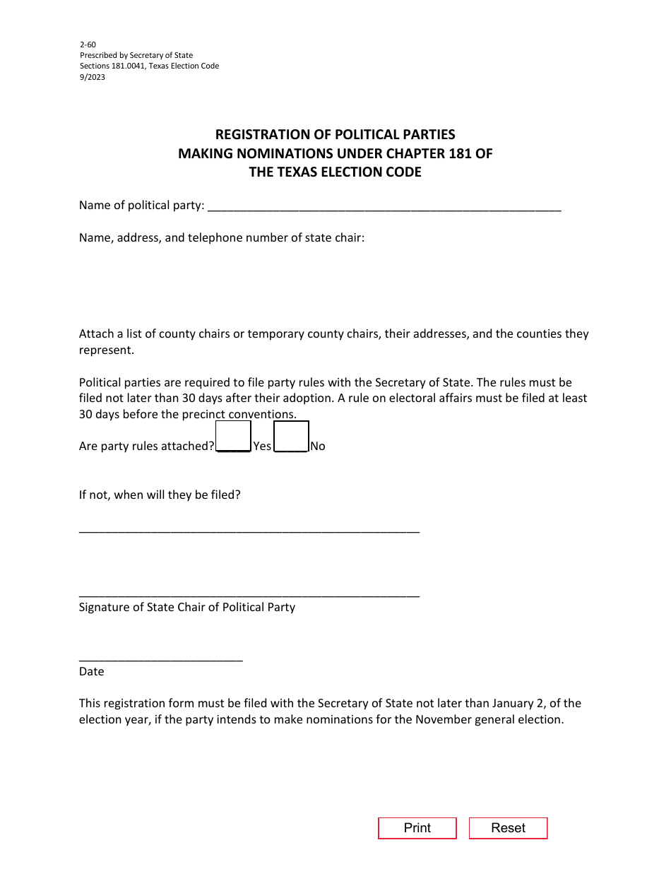 Form 2-60 Registration of Political Parties Making Nominations Under Chapter 181 of the Texas Election Code - Texas, Page 1