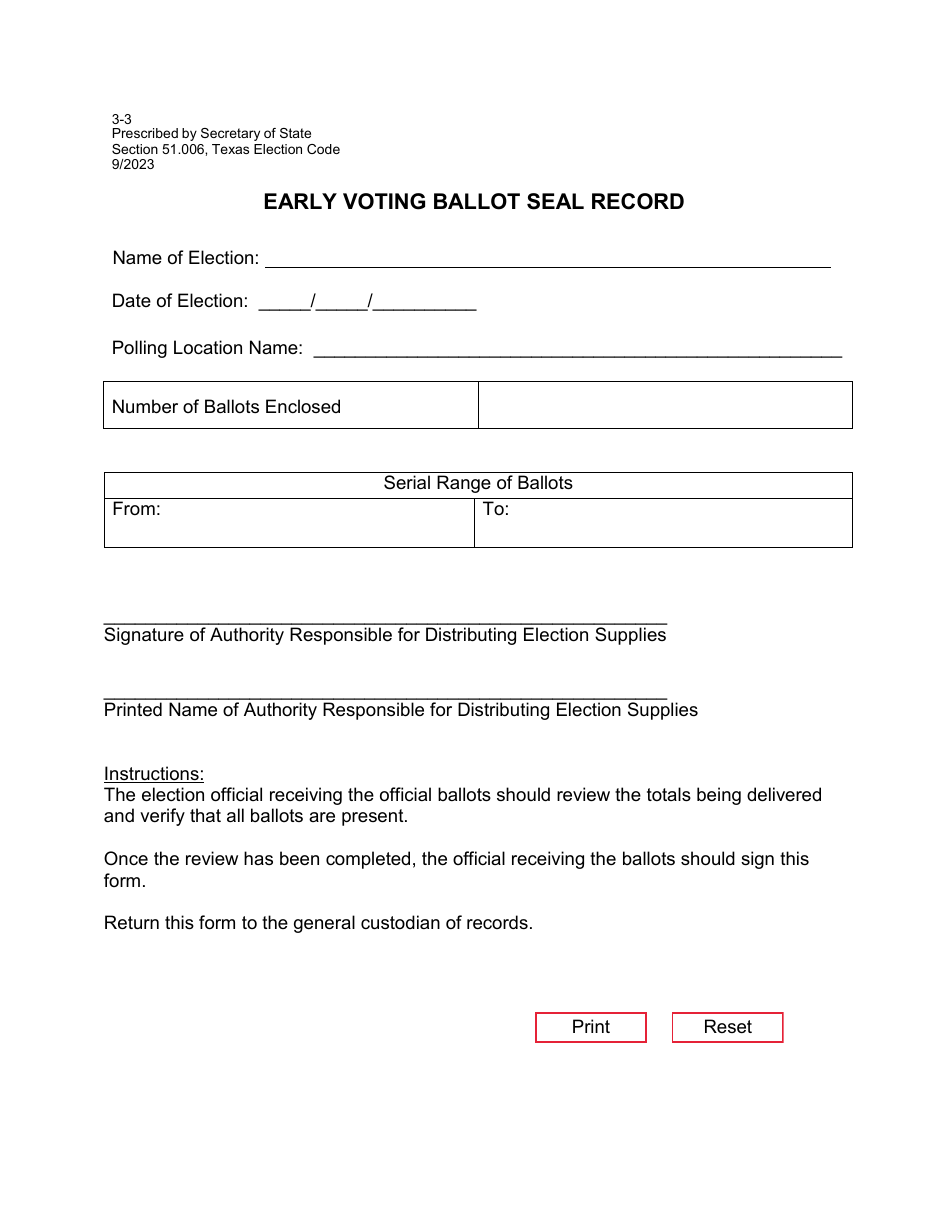 Form 3-3 Early Voting Ballot Seal Record - Texas, Page 1