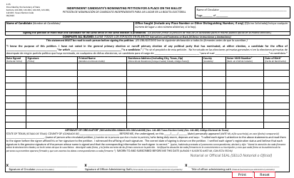 Document preview: Form 2-35 Independent Candidate's Nominating Petition for a Place on the Ballot - Texas (English/Spanish)