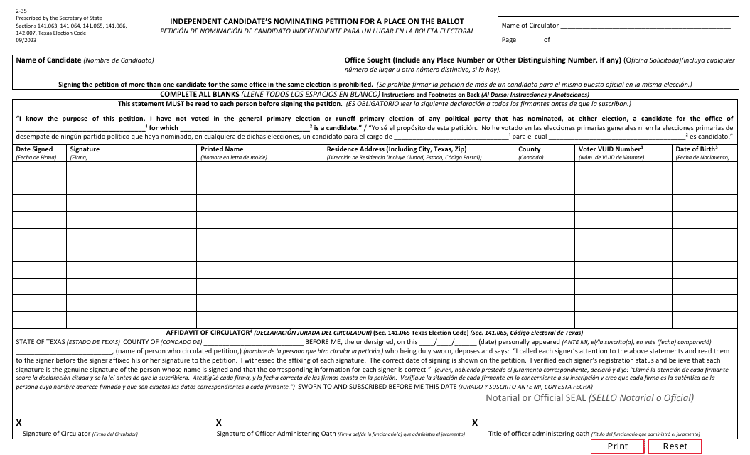 Form 2-35 Independent Candidate's Nominating Petition for a Place on the Ballot - Texas (English/Spanish)