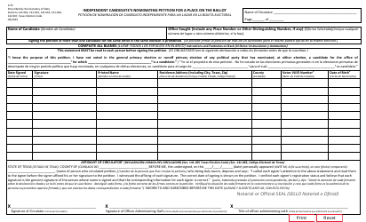 Form 2-35 Independent Candidate&#039;s Nominating Petition for a Place on the Ballot - Texas (English/Spanish)