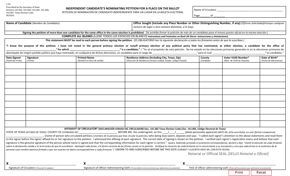 Form 2-35 Independent Candidates Nominating Petition for a Place on the Ballot - Texas (English / Spanish), Page 1