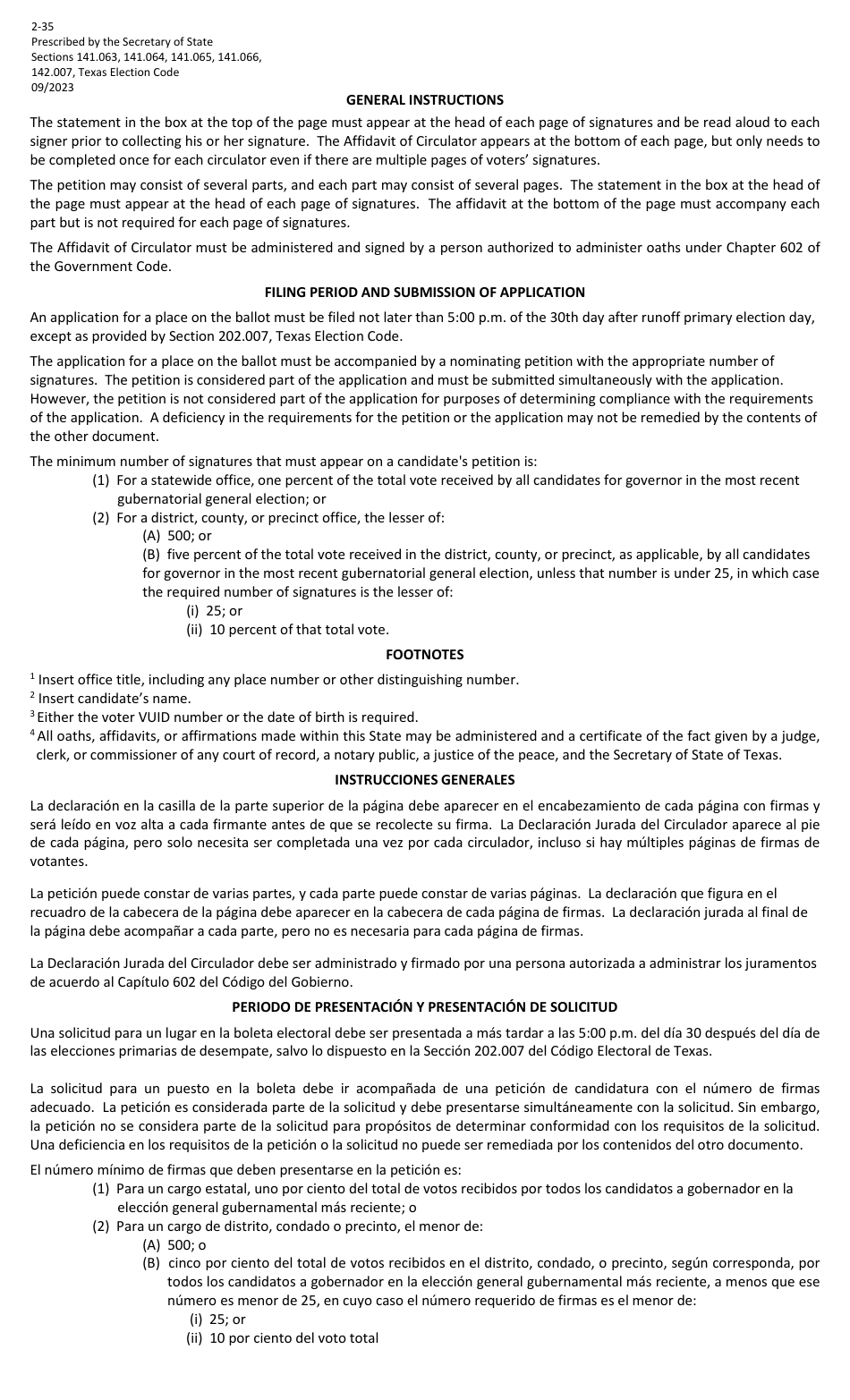 Form 2-35 Independent Candidates Nominating Petition for a Place on the Ballot - Texas (English / Spanish), Page 2