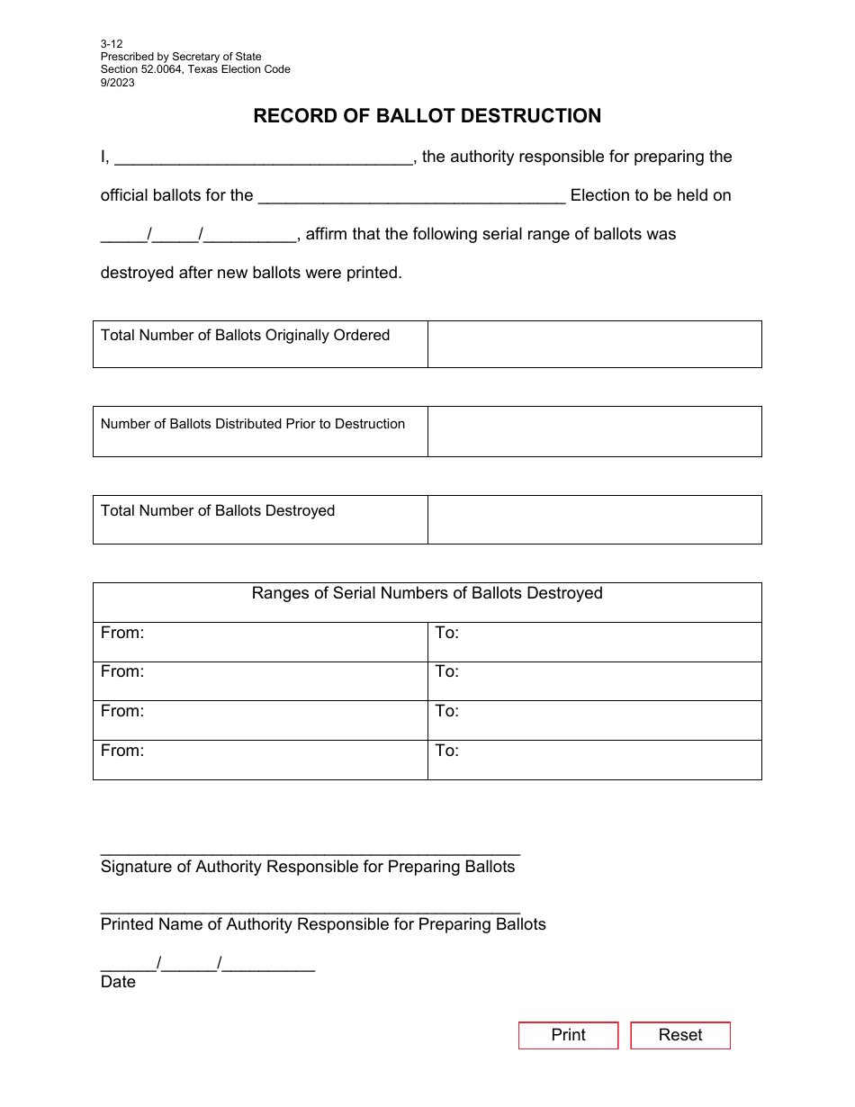 Form 3-12 Record of Ballot Destruction - Texas, Page 1