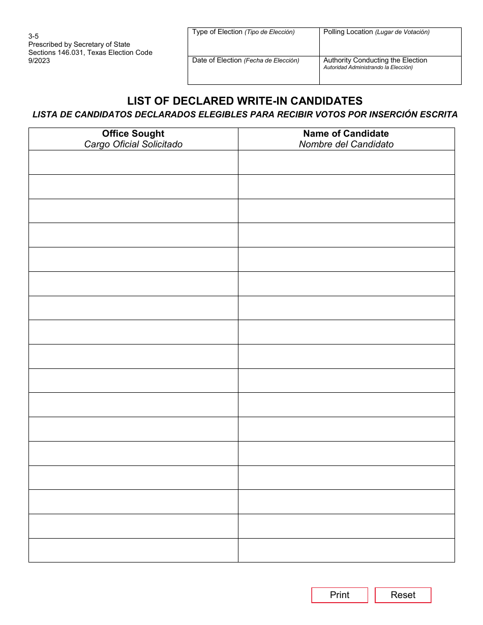 Form 3-5 List of Declared Write-In Candidates - Texas (English / Spanish), Page 1