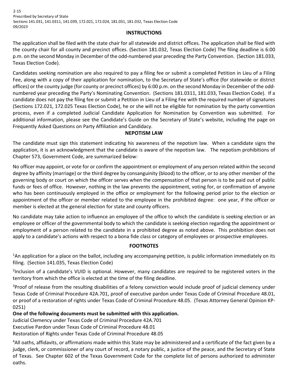 Form 2-15 Judicial Candidate Application for Nomination by Convention - Texas (English / Spanish), Page 3