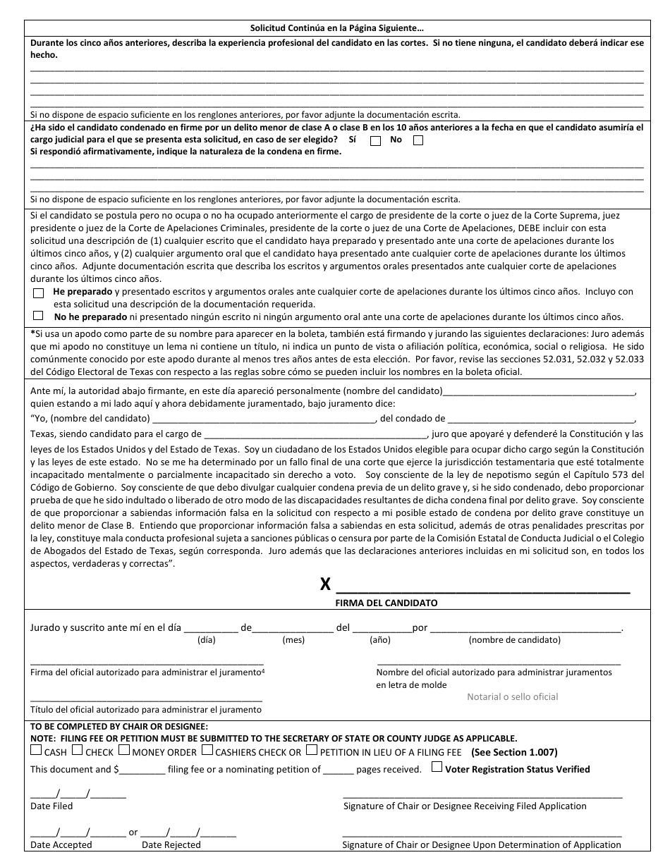 Form 2-15 Judicial Candidate Application for Nomination by Convention - Texas (English / Spanish), Page 6