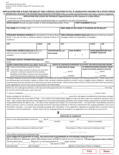 Form 2-43 Application for Place on the Ballot (Special Election to Fill a Vacancy in the Office of State Representative and State Senator) - Texas