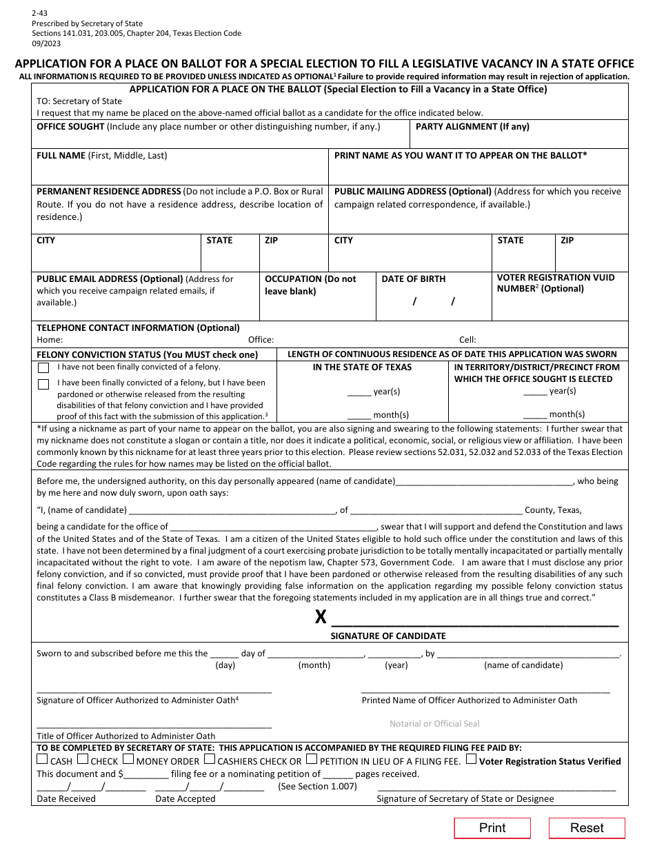 Form 2-43 Application for Place on the Ballot (Special Election to Fill a Vacancy in the Office of State Representative and State Senator) - Texas, Page 1