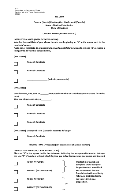 Form 3-23 Model/Sample Ballot for a General or Special Election - Texas (English/Spanish)