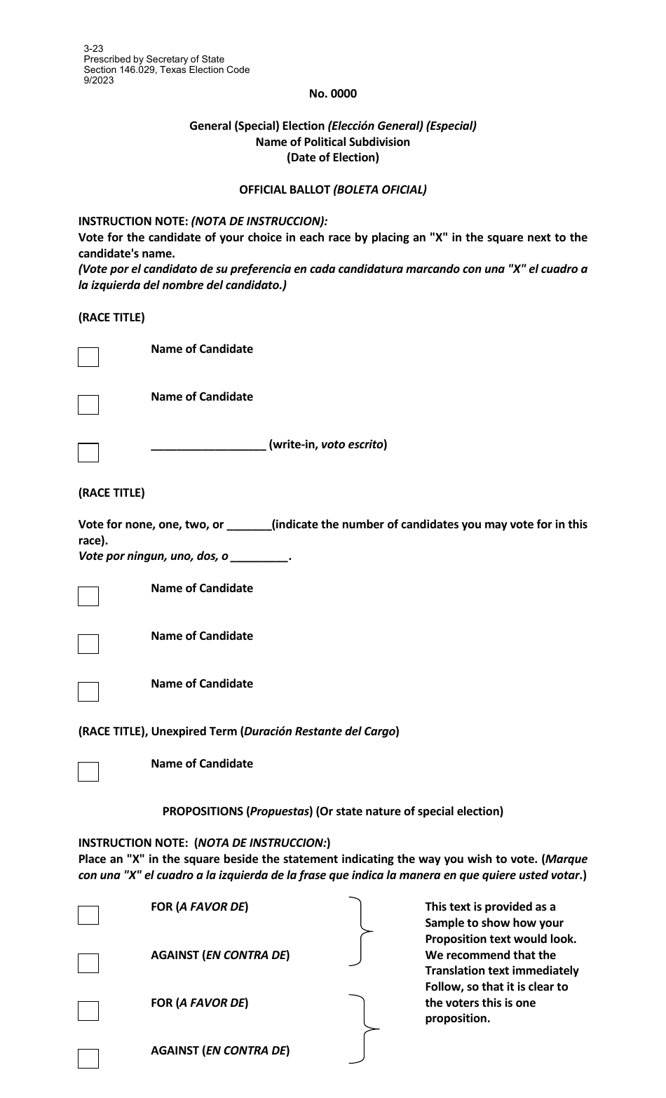 Form 3-23 Model / Sample Ballot for a General or Special Election - Texas (English / Spanish), Page 1