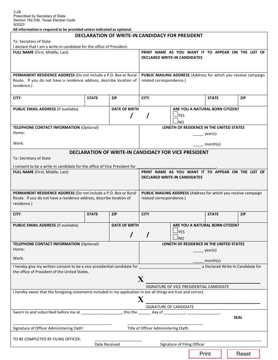 Form 2-28 Declaration of Write in Candidacy for President - Texas, Page 1