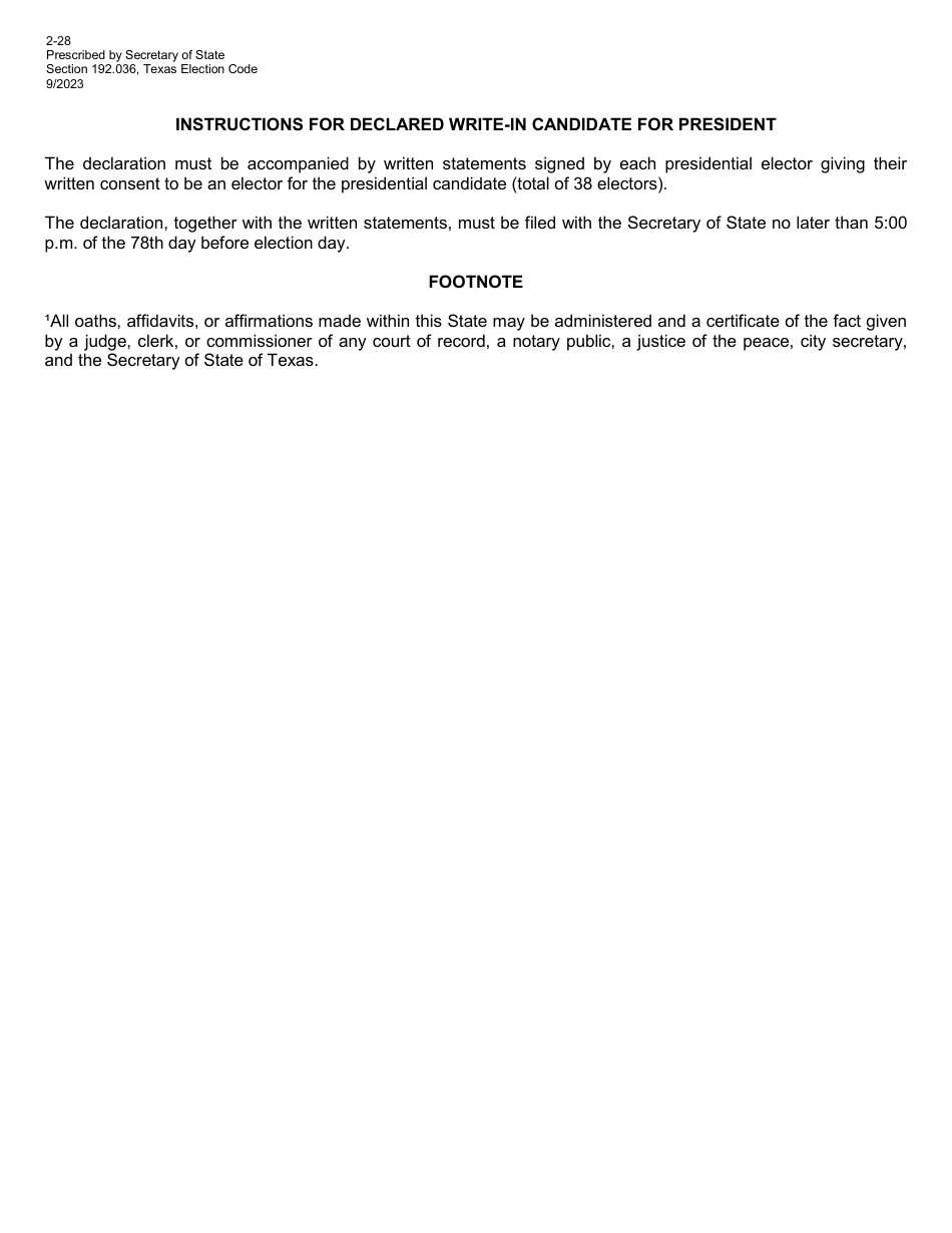 Form 2-28 Declaration of Write in Candidacy for President - Texas, Page 2