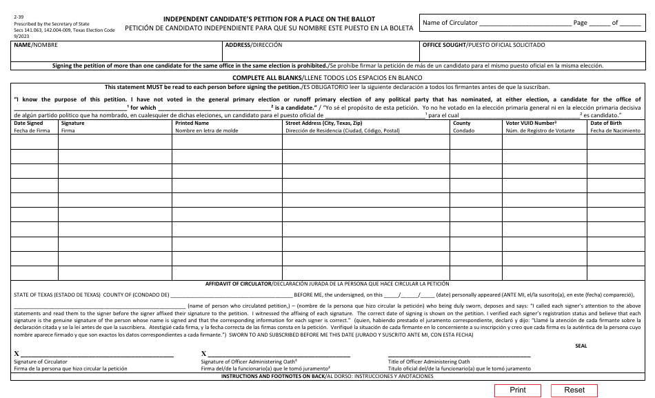 Form 2-39 Independent Candidates Petition for Place on the Ballot for President - Texas (English / Spanish), Page 1