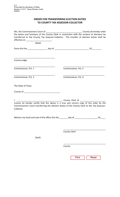 Form 4-3 Order for Transferring Election Duties to County Tax Assessor-Collector - Texas