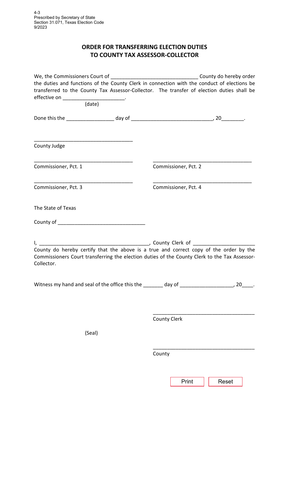 Form 4-3 Order for Transferring Election Duties to County Tax Assessor-Collector - Texas, Page 1