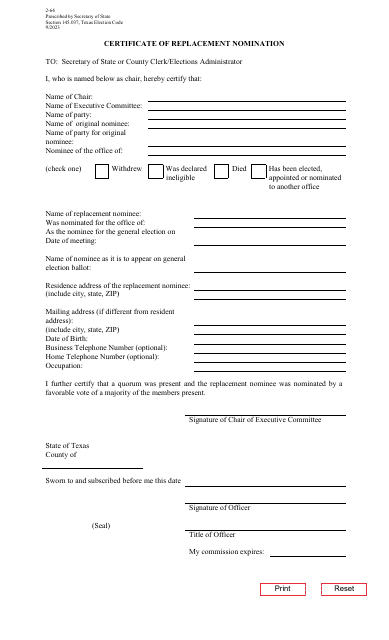 Form 2-64 Certificate of Replacement Nomination - Texas