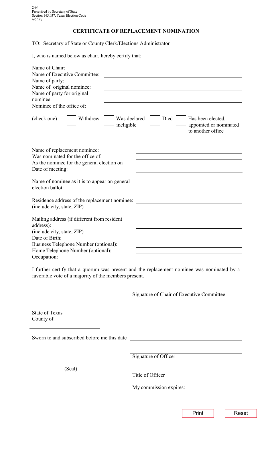 Form 2-64 Certificate of Replacement Nomination - Texas, Page 1