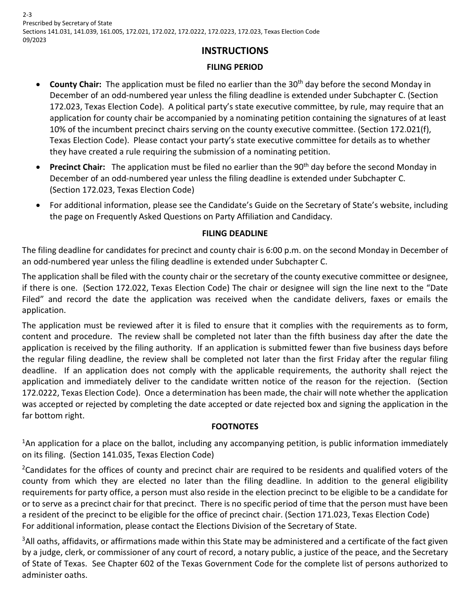 Form 2-3 Application for a Place on the General Primary Ballot for a Precinct or County Chair - Texas (English / Spanish), Page 2