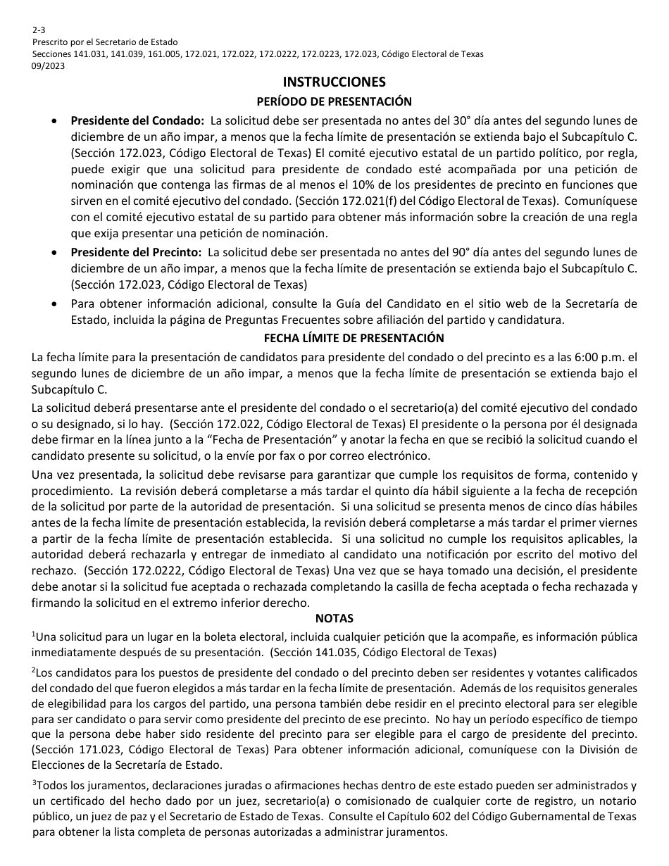 Form 2-3 Application for a Place on the General Primary Ballot for a Precinct or County Chair - Texas (English / Spanish), Page 4