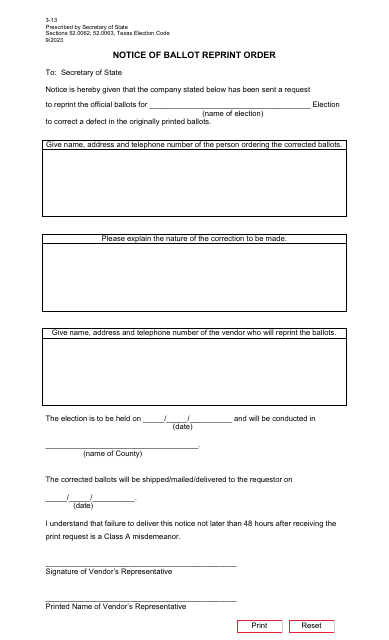 Form 3-13 Notice of Ballot Reprint Order - Texas