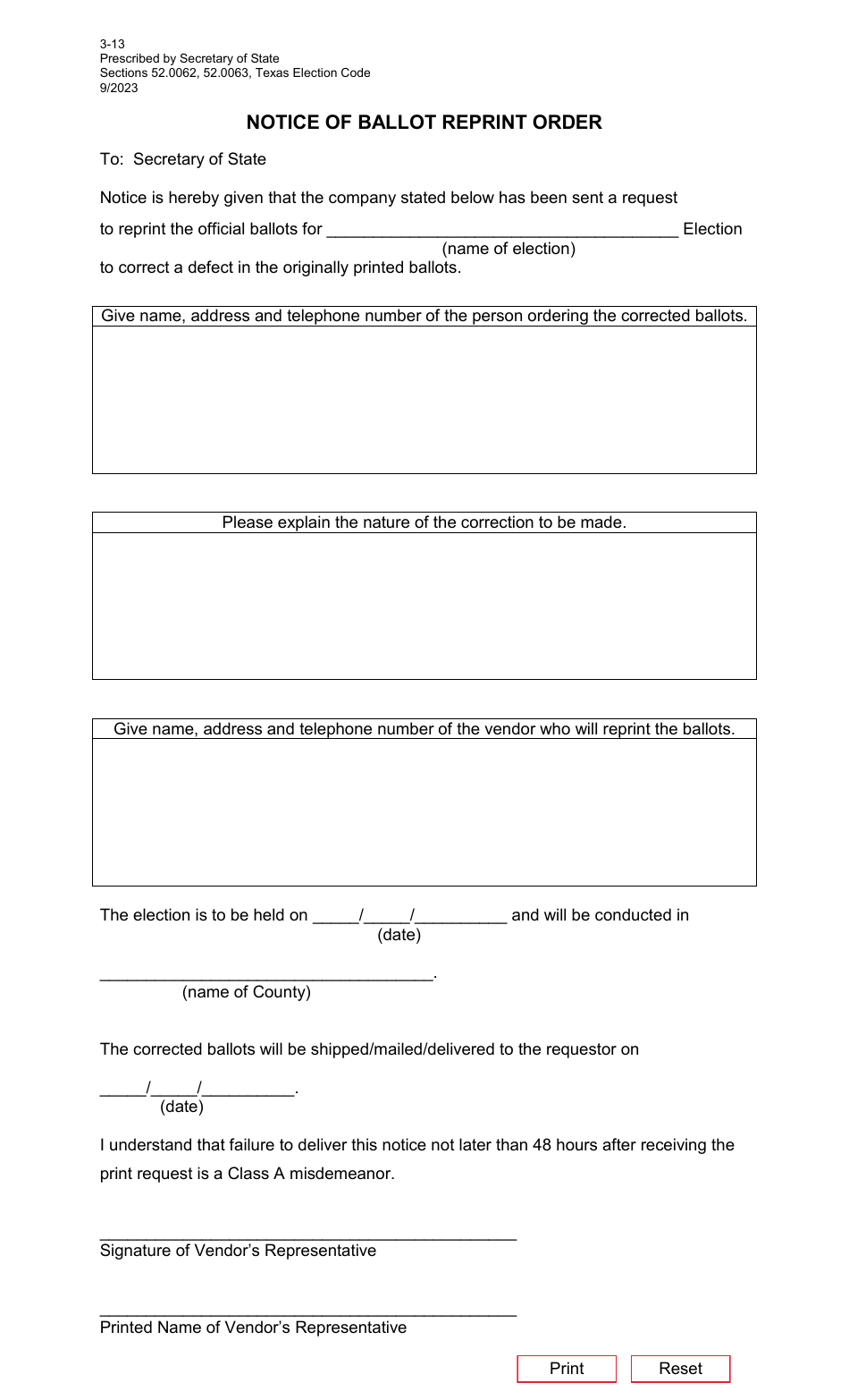 Form 3-13 Notice of Ballot Reprint Order - Texas, Page 1