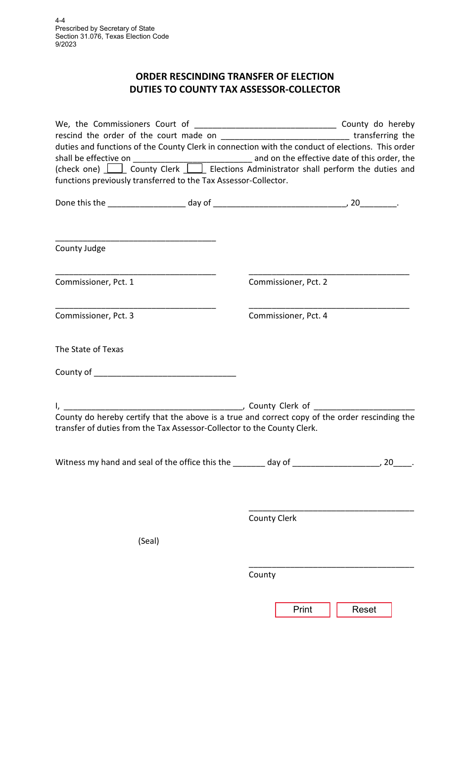 Form 4-4 Order Rescinding Transfer of Election Duties to County Tax Assessor-Collector - Texas, Page 1