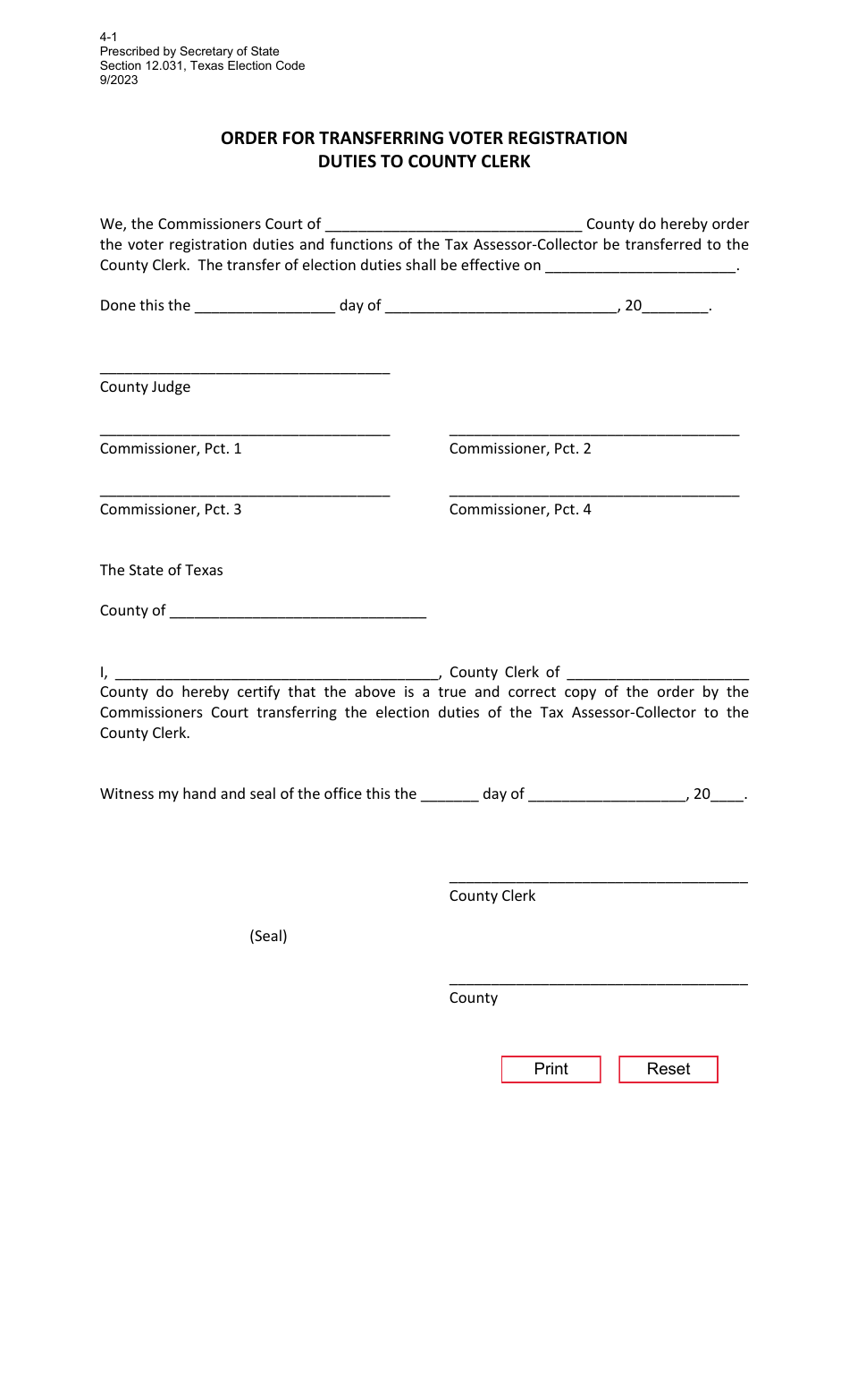 Form 4-1 Order for Transferring Voter Registration Duties to County Clerk - Texas, Page 1