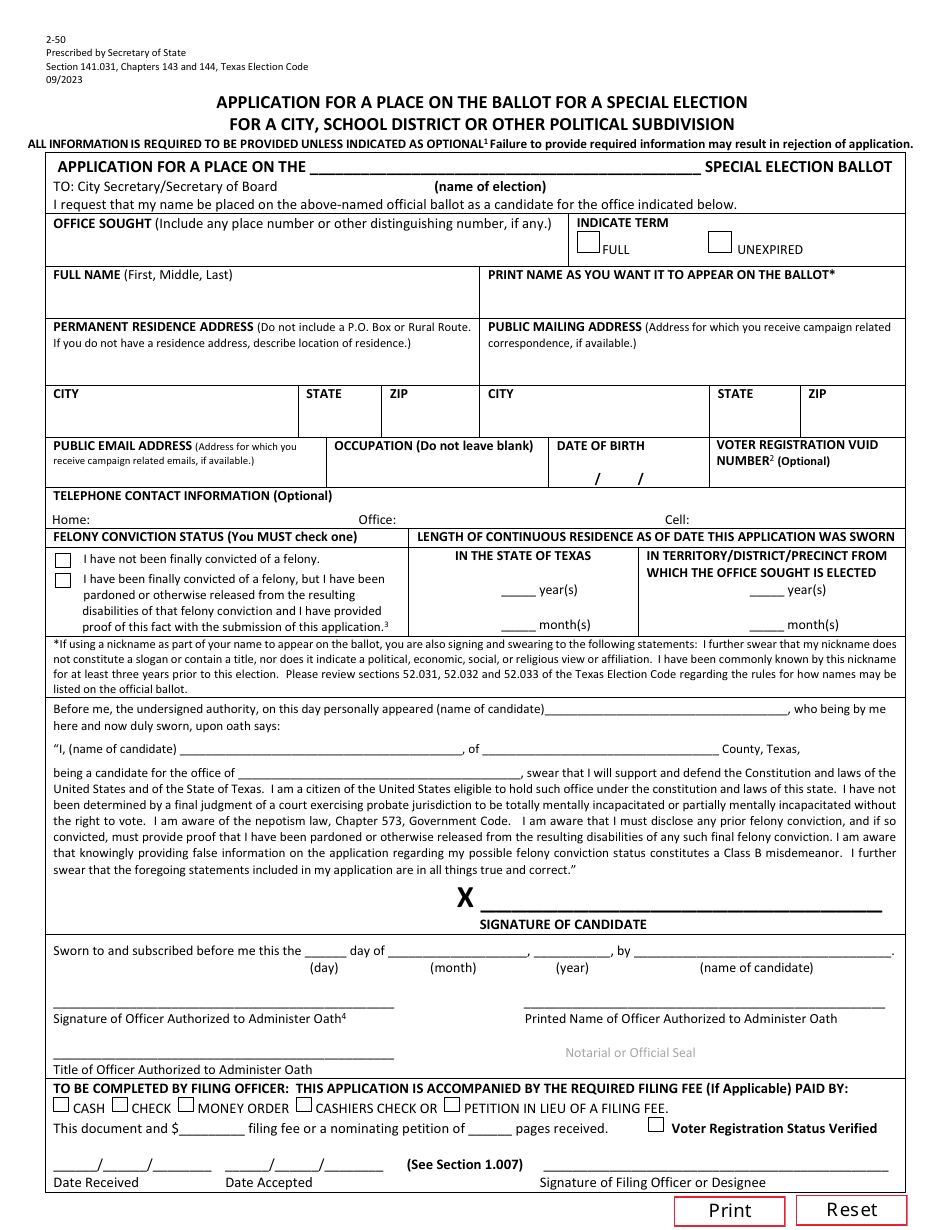 Form 2-50 Application for a Place on the Ballot for a Special Election for a City, School District or Other Political Subdivision - Texas (English / Spanish), Page 1