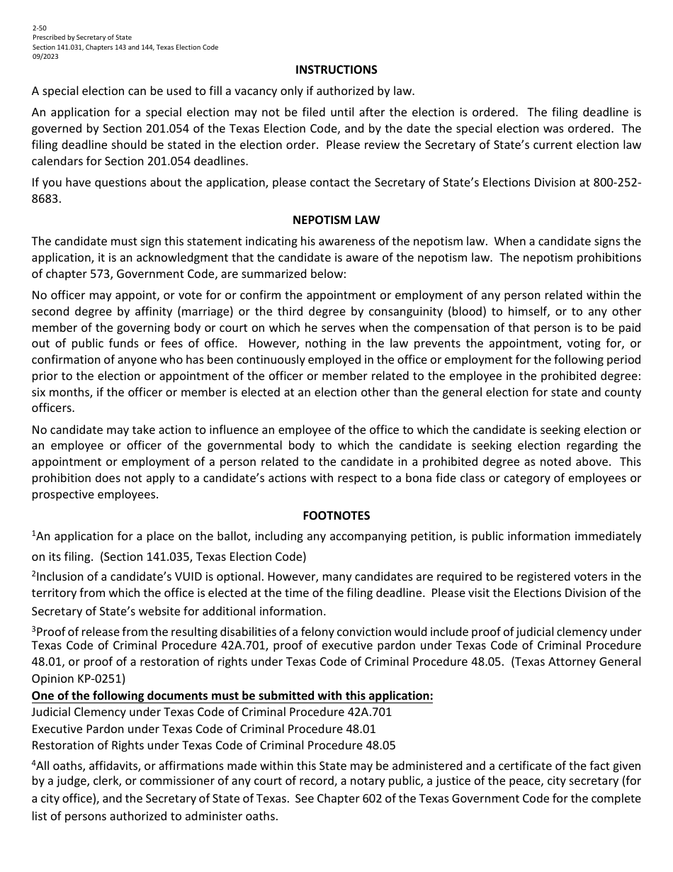 Form 2-50 Application for a Place on the Ballot for a Special Election for a City, School District or Other Political Subdivision - Texas (English / Spanish), Page 2