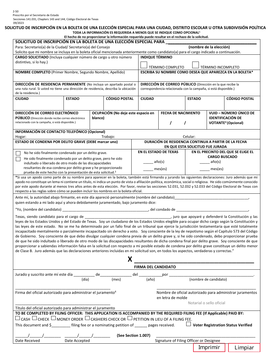 Form 2-50 Application for a Place on the Ballot for a Special Election for a City, School District or Other Political Subdivision - Texas (English / Spanish), Page 3