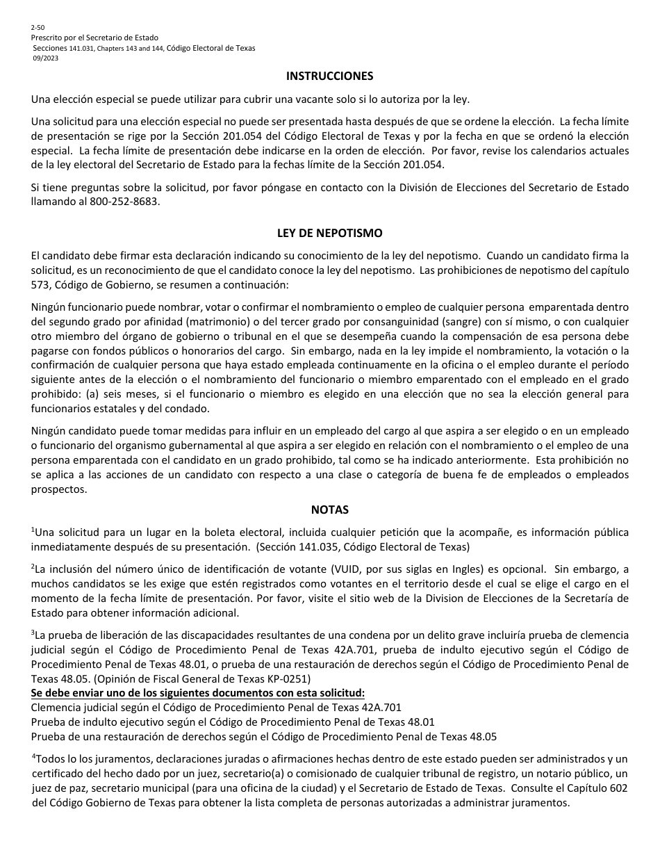 Form 2-50 Application for a Place on the Ballot for a Special Election for a City, School District or Other Political Subdivision - Texas (English / Spanish), Page 4