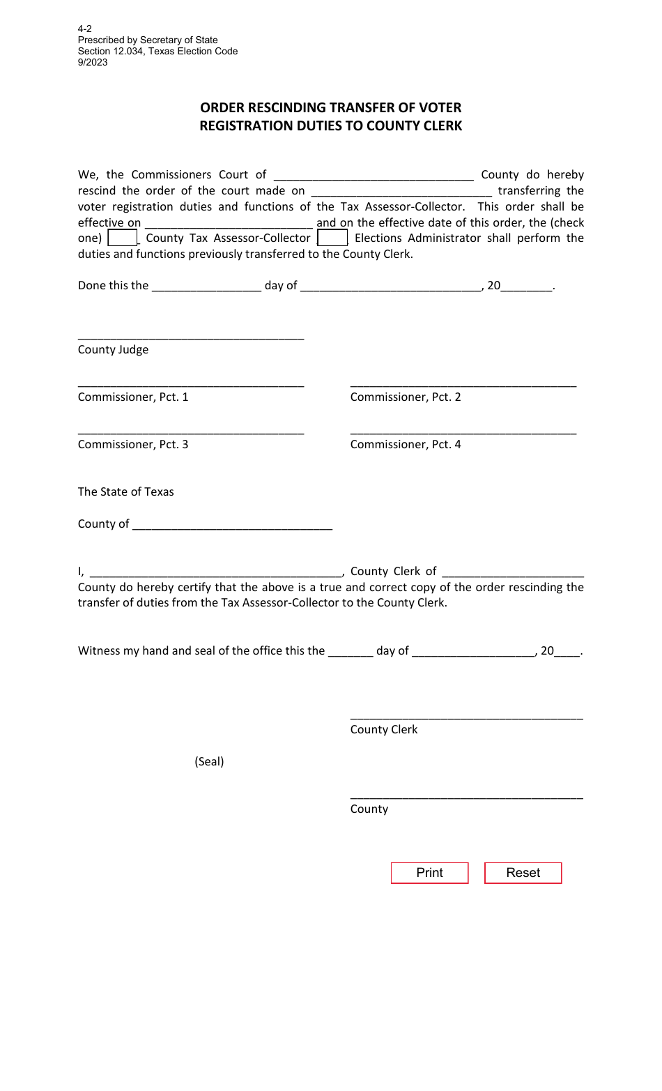 Form 4-2 Order Rescinding Transfer of Voter Registration Duties to County Clerk - Texas, Page 1