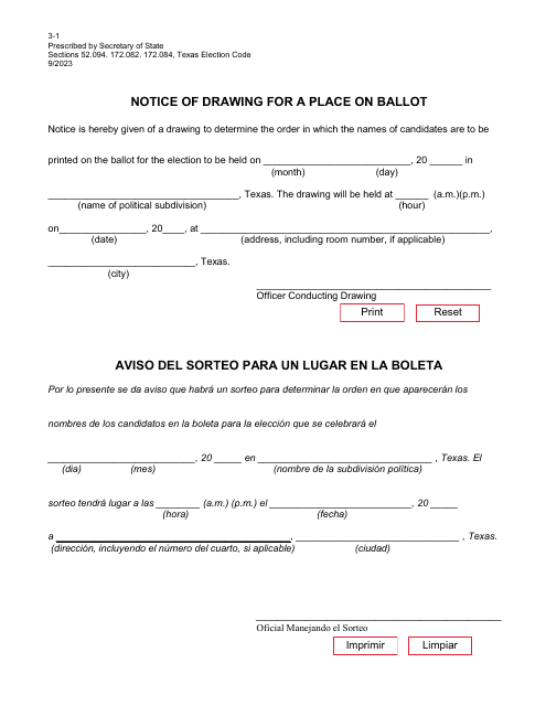 Form 3-1 Notice of Drawing for a Place on Ballot - Texas (English/Spanish)
