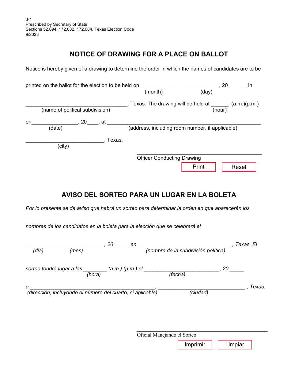Form 3-1 Notice of Drawing for a Place on Ballot - Texas (English / Spanish), Page 1