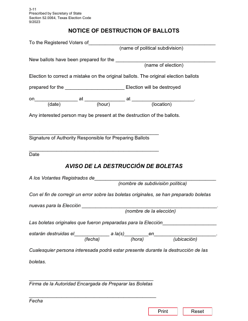 Form 3-11 Notice of Destruction of Ballots - Texas (English/Spanish)