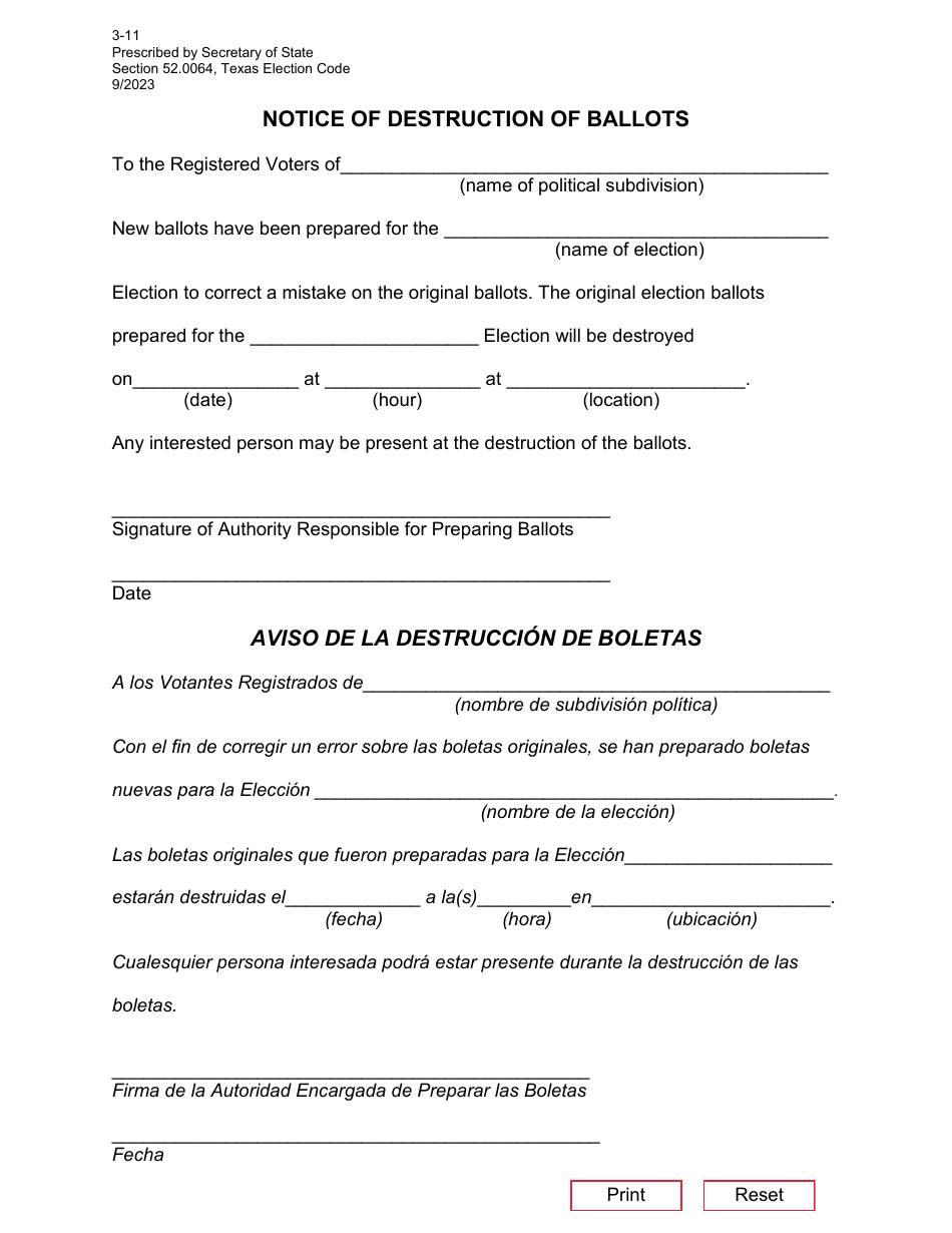 Form 3-11 Notice of Destruction of Ballots - Texas (English / Spanish), Page 1