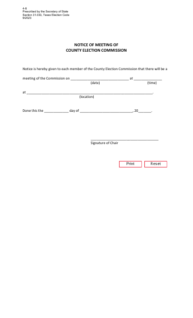 Form 4-8 Notice of Meeting of County Election Commission - Texas