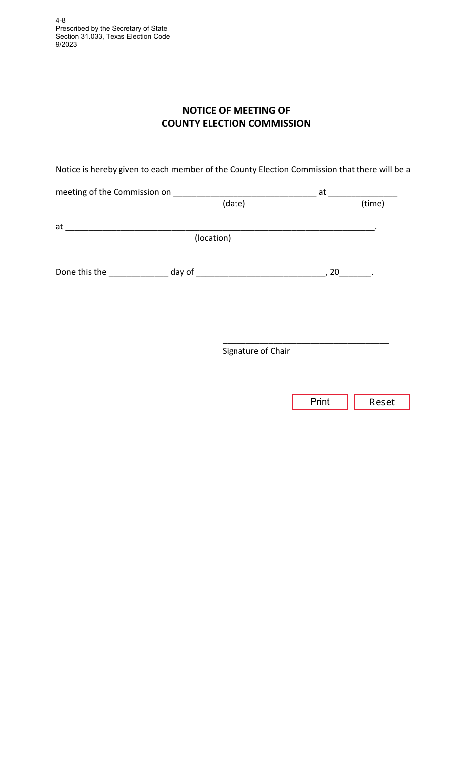 Form 4-8 Notice of Meeting of County Election Commission - Texas, Page 1