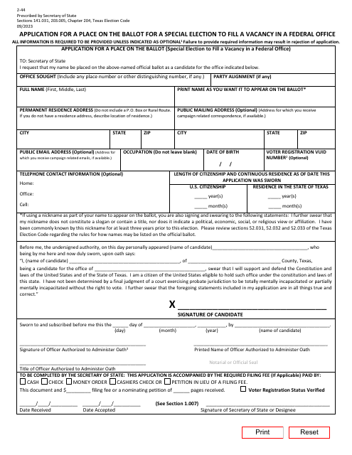 Form 2-44 Application for a Place on the Ballot for a Special Election to Fill a Vacancy in a Federal Office - Texas (English/Spanish)