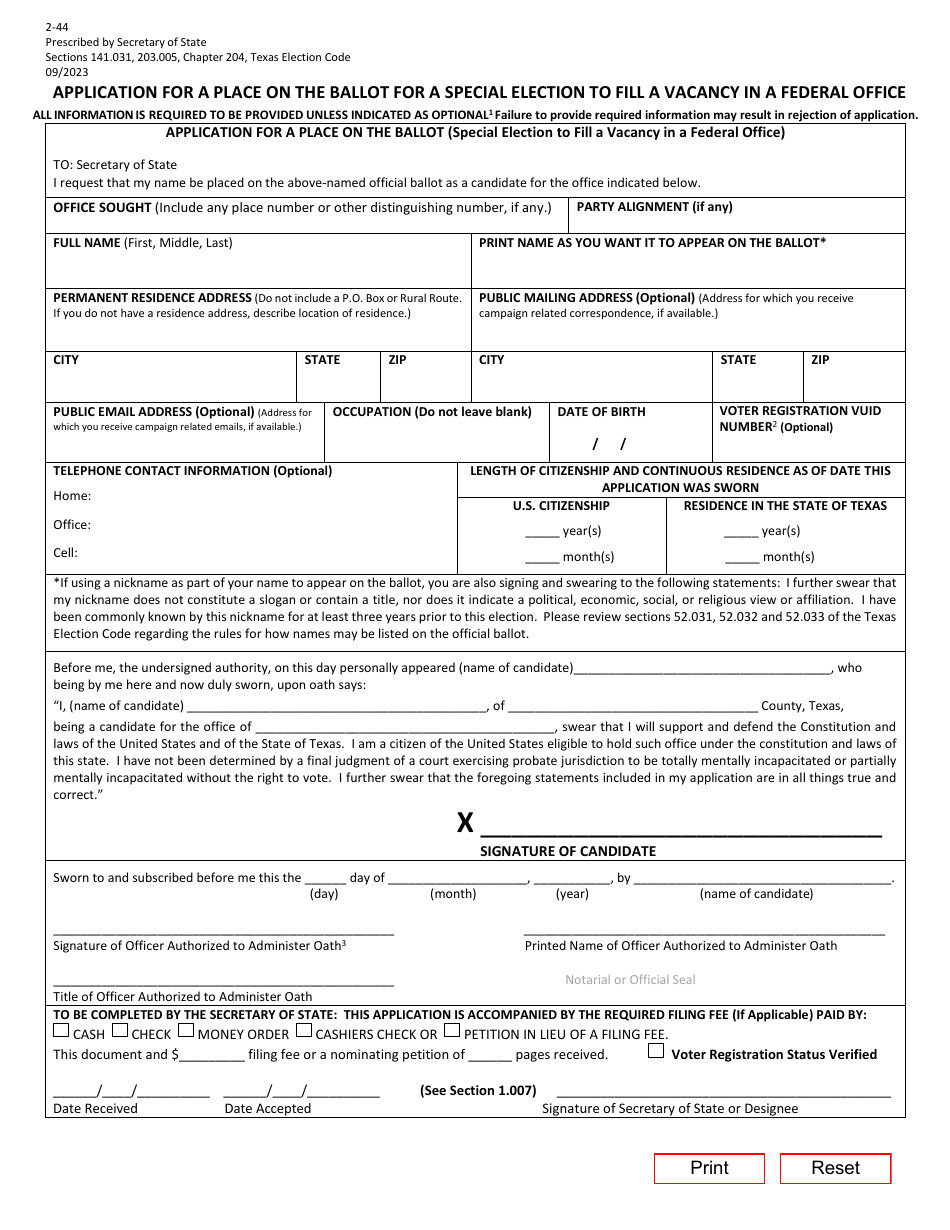 Form 2-44 - Fill Out, Sign Online and Download Fillable PDF, Texas ...