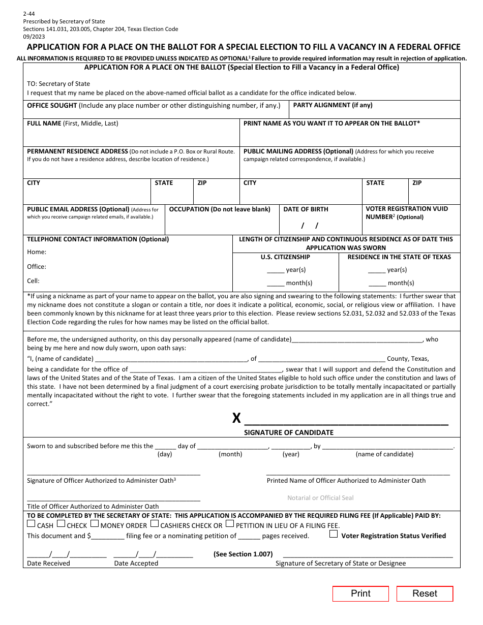 Form 2-44 Application for a Place on the Ballot for a Special Election to Fill a Vacancy in a Federal Office - Texas (English / Spanish), Page 1