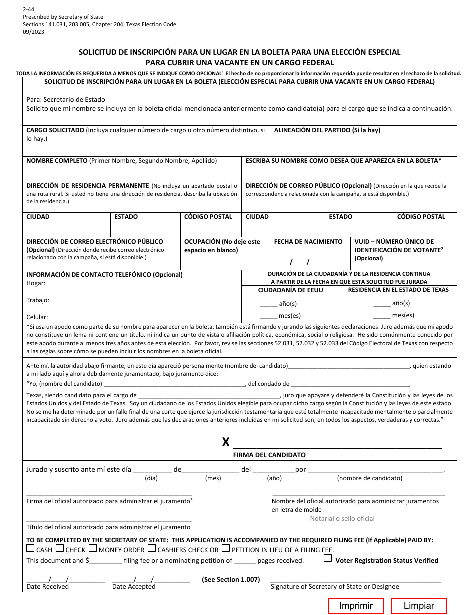 Form 2-44 Application for a Place on the Ballot for a Special Election to Fill a Vacancy in a Federal Office - Texas (English / Spanish), Page 3