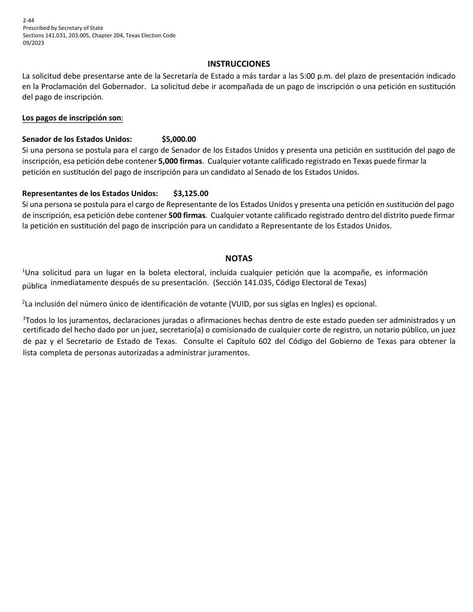 Form 2-44 Application for a Place on the Ballot for a Special Election to Fill a Vacancy in a Federal Office - Texas (English / Spanish), Page 4