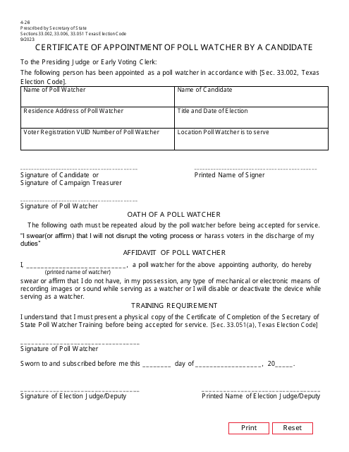 Form 4-26 Certificate of Appointment of Poll Watcher by a Candidate - Texas