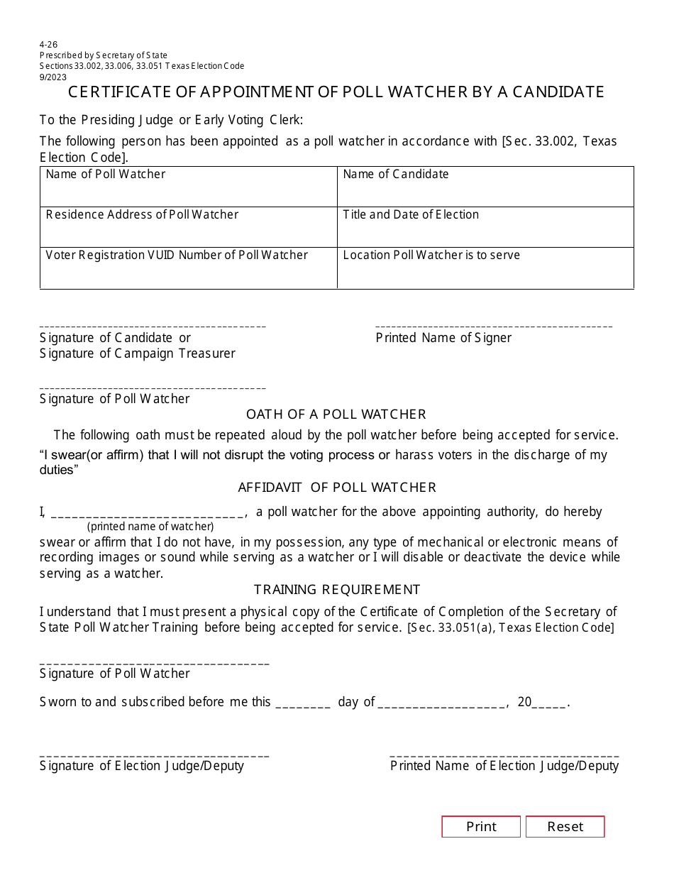 Form 4-26 Certificate of Appointment of Poll Watcher by a Candidate - Texas, Page 1