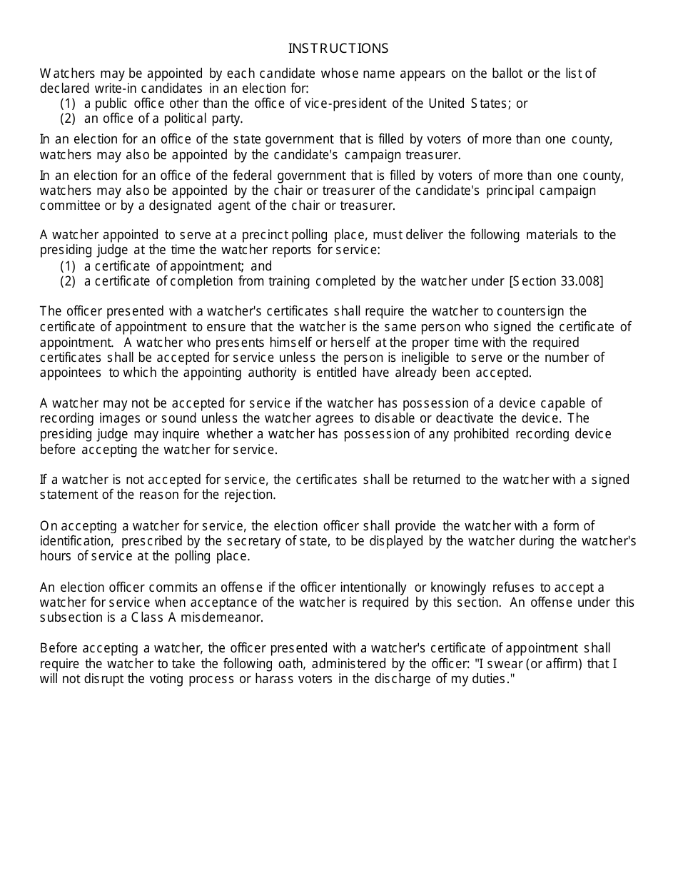 Form 4-26 Certificate of Appointment of Poll Watcher by a Candidate - Texas, Page 2