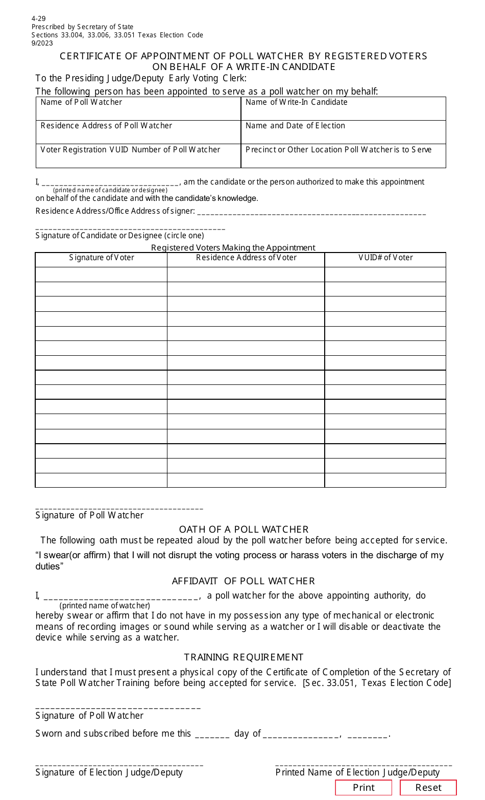 Form 4-29 Certificate of Appointment of Poll Watcher by Registered Voters on Behalf of a Write-In Candidate - Texas, Page 1