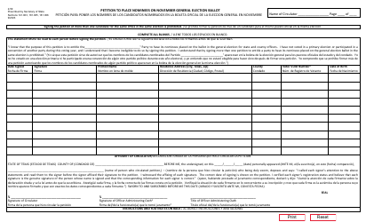 Document preview: Form 2-59 Petition to Place Nominees on November General Election Ballot - Texas (English/Spanish)